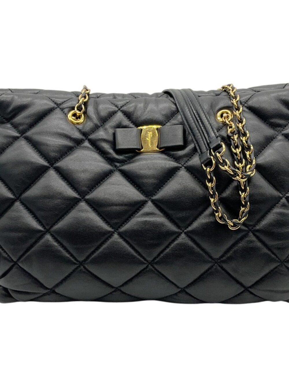 Salvatore Ferragamo Black Leather Quilted Shoulder Bag with Bow